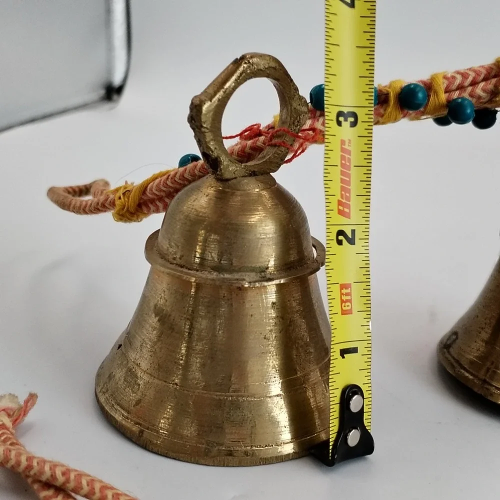 Vintage India Brass Bells on Rope String of 3 Beaded Door Hanger Boho Chime Vtg